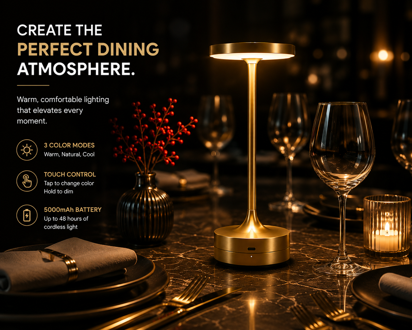 Illuminate Your Space with the Stylish Rechargeable LED Table Lamp - Touch Dimmable, 3 Color Modes & USB-C Charging!