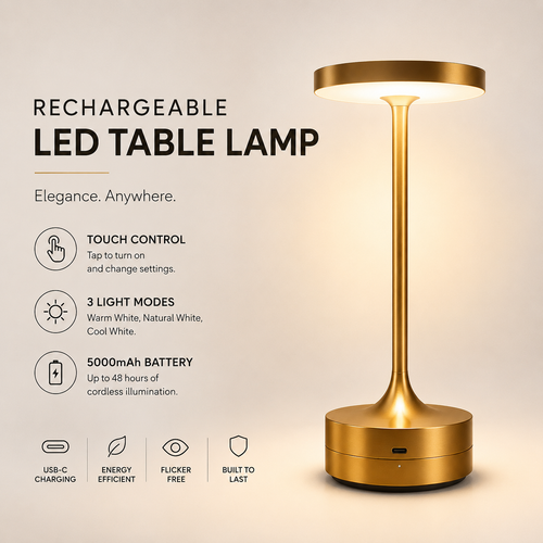 Illuminate Your Space with the Stylish Rechargeable LED Table Lamp - Touch Dimmable, 3 Color Modes & USB-C Charging!