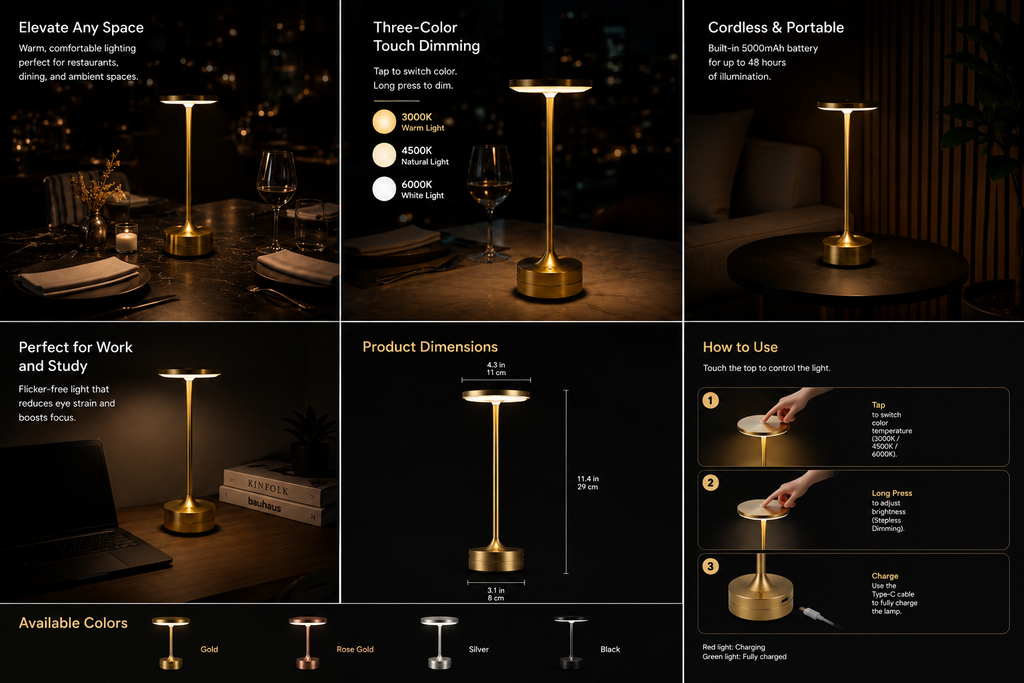 Illuminate Your Space with the Stylish Rechargeable LED Table Lamp - Touch Dimmable, 3 Color Modes & USB-C Charging!