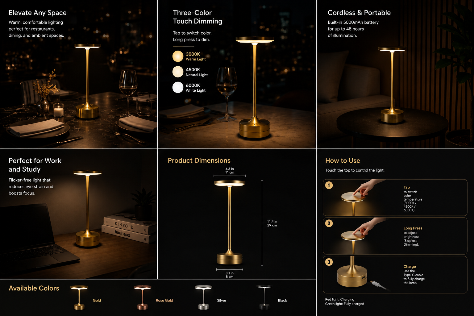 Illuminate Your Space with the Stylish Rechargeable LED Table Lamp - Touch Dimmable, 3 Color Modes & USB-C Charging!