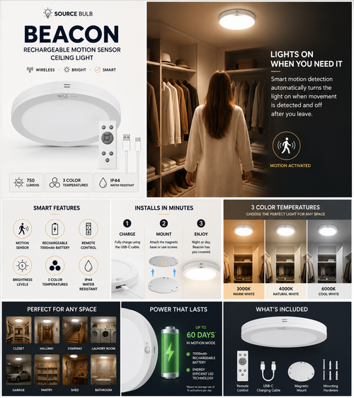 Beacon Rechargeable Motion Sensor Ceiling Light | Wireless LED Ceiling Light with Remote
