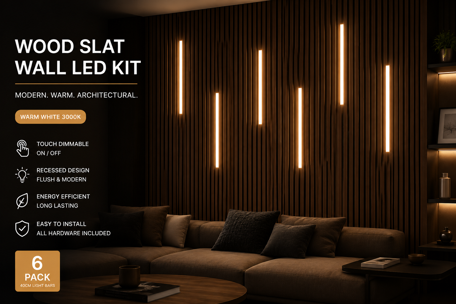Wood Slat Wall LED Light Kit – Recessed Warm White Accent Lighting (6-Pack)