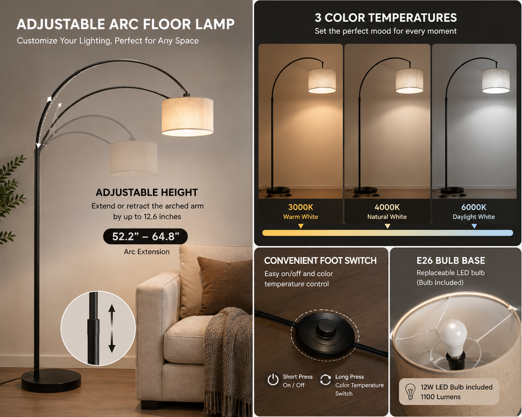 Modern Adjustable Arc Floor Lamp – 82” Tall LED Standing Lamp