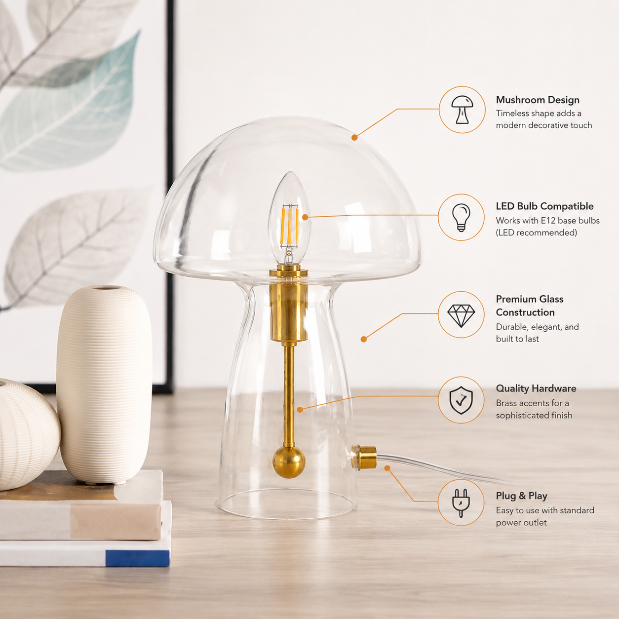 Modern Glass Mushroom Table Lamp – Minimalist Ambient Bedside Light