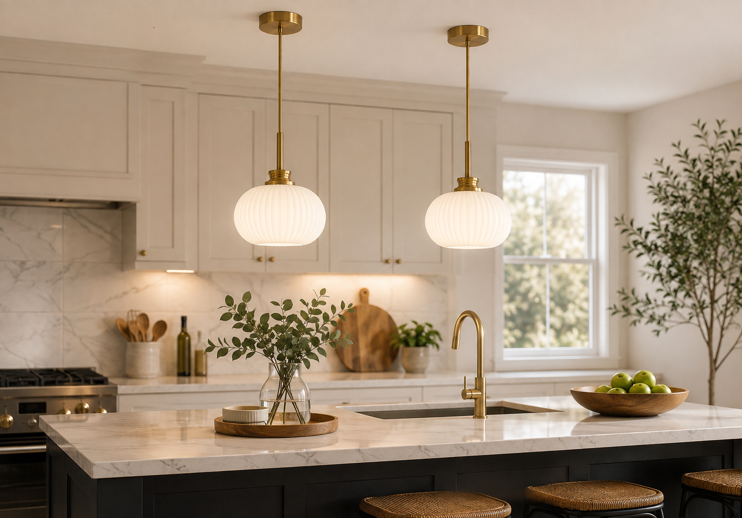 Ribbed Glass Globe Pendant Light – Modern Kitchen Island Hanging Light