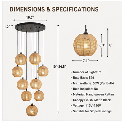 Boho Rattan Cascade Pendant Chandelier – 9-Light Woven Ceiling Fixture