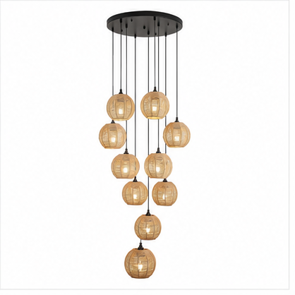 Boho Rattan Cascade Pendant Chandelier – 9-Light Woven Ceiling Fixture